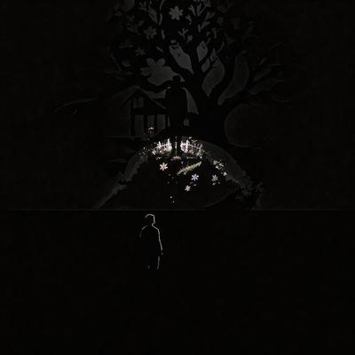 The primary subject of the image is a man standing in a dark room, with a tree in the background. The setting appears to be a black and white photo, creating a moody atmosphere. The visual style suggests that the image is a digital art or illustration, rather than a photo. The dominant colors are black and white, with the tree adding a touch of green.